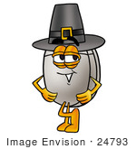 #24793 Clip Art Graphic Of A Wired Computer Mouse Cartoon Character Wearing A Pilgrim Hat On Thanksgiving