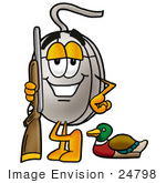 #24798 Clip Art Graphic Of A Wired Computer Mouse Cartoon Character Duck Hunting Standing With A Rifle And Duck