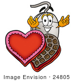 #24805 Clip Art Graphic Of A Wired Computer Mouse Cartoon Character With An Open Box Of Valentines Day Chocolate Candies