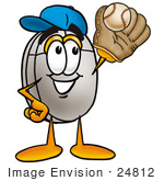#24812 Clip Art Graphic Of A Wired Computer Mouse Cartoon Character Catching A Baseball With A Glove