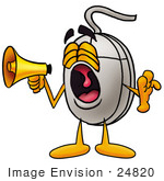 #24820 Clip Art Graphic Of A Wired Computer Mouse Cartoon Character Screaming Into A Megaphone