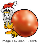 #24825 Clip Art Graphic Of A Wired Computer Mouse Cartoon Character Wearing A Santa Hat Standing With A Christmas Bauble