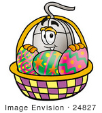 #24827 Clip Art Graphic Of A Wired Computer Mouse Cartoon Character In An Easter Basket Full Of Decorated Easter Eggs
