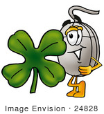 #24828 Clip Art Graphic Of A Wired Computer Mouse Cartoon Character With A Green Four Leaf Clover On St Paddy’S Or St Patricks Day