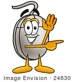 #24830 Clip Art Graphic Of A Wired Computer Mouse Cartoon Character Waving And Pointing