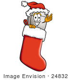 #24832 Clip Art Graphic Of A Wired Computer Mouse Cartoon Character Wearing A Santa Hat Inside A Red Christmas Stocking