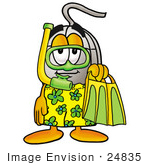 #24835 Clip Art Graphic Of A Wired Computer Mouse Cartoon Character In Green And Yellow Snorkel Gear