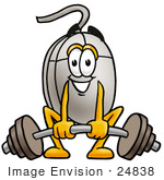#24838 Clip Art Graphic Of A Wired Computer Mouse Cartoon Character Lifting A Heavy Barbell