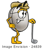 #24839 Clip Art Graphic Of A Wired Computer Mouse Cartoon Character Leaning On A Golf Club While Golfing
