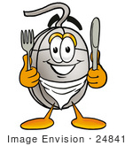 #24841 Clip Art Graphic Of A Wired Computer Mouse Cartoon Character Holding A Knife And Fork