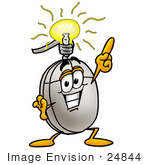 #24844 Clip Art Graphic Of A Wired Computer Mouse Cartoon Character With A Bright Idea