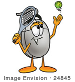 #24845 Clip Art Graphic Of A Wired Computer Mouse Cartoon Character Preparing To Hit A Tennis Ball