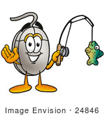#24846 Clip Art Graphic Of A Wired Computer Mouse Cartoon Character Holding A Fish On A Fishing Pole
