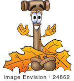 #24862 Clip Art Graphic Of A Wooden Mallet Cartoon Character With Autumn Leaves And Acorns In The Fall