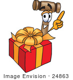 #24863 Clip Art Graphic Of A Wooden Mallet Cartoon Character Standing By A Christmas Present