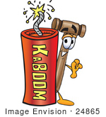 #24865 Clip Art Graphic Of A Wooden Mallet Cartoon Character Standing With A Lit Stick Of Dynamite