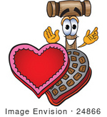 #24866 Clip Art Graphic Of A Wooden Mallet Cartoon Character With An Open Box Of Valentines Day Chocolate Candies