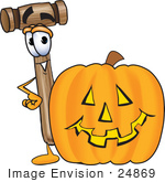 #24869 Clip Art Graphic Of A Wooden Mallet Cartoon Character With A Carved Halloween Pumpkin
