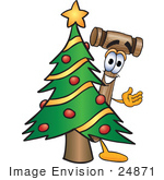 #24871 Clip Art Graphic Of A Wooden Mallet Cartoon Character Waving And Standing By A Decorated Christmas Tree