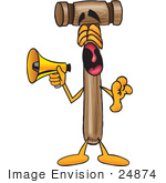 #24874 Clip Art Graphic Of A Wooden Mallet Cartoon Character Screaming Into A Megaphone