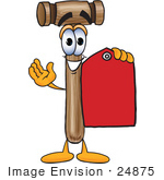 #24875 Clip Art Graphic Of A Wooden Mallet Cartoon Character Holding A Red Sales Price Tag