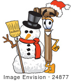 #24877 Clip Art Graphic Of A Wooden Mallet Cartoon Character With A Snowman On Christmas