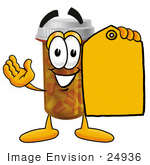 #24936 Clip Art Graphic Of A Medication Prescription Pill Bottle Cartoon Character Holding A Yellow Sales Price Tag