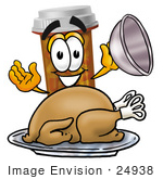 #24938 Clip Art Graphic Of A Medication Prescription Pill Bottle Cartoon Character Serving A Thanksgiving Turkey On A Platter