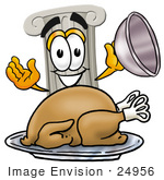 #24956 Clip Art Graphic Of A Pillar Cartoon Character Serving A Thanksgiving Turkey On A Platter