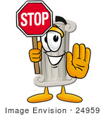 #24959 Clip Art Graphic Of A Pillar Cartoon Character Holding A Stop Sign