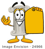 #24966 Clip Art Graphic Of A Pillar Cartoon Character Holding A Yellow Sales Price Tag