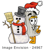 #24967 Clip Art Graphic Of A Pillar Cartoon Character With A Snowman On Christmas