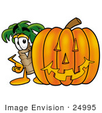 #24995 Clip Art Graphic Of A Tropical Palm Tree Cartoon Character With A Carved Halloween Pumpkin