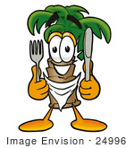 #24996 Clip Art Graphic Of A Tropical Palm Tree Cartoon Character Holding A Knife And Fork
