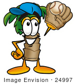 #24997 Clip Art Graphic Of A Tropical Palm Tree Cartoon Character Catching A Baseball With A Glove