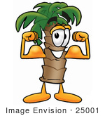#25001 Clip Art Graphic Of A Tropical Palm Tree Cartoon Character Flexing His Arm Muscles