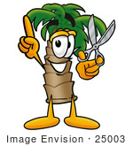 #25003 Clip Art Graphic Of A Tropical Palm Tree Cartoon Character Holding A Pair Of Scissors