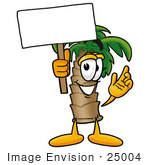 #25004 Clip Art Graphic Of A Tropical Palm Tree Cartoon Character Holding A Blank Sign