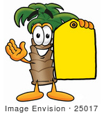 #25017 Clip Art Graphic Of A Tropical Palm Tree Cartoon Character Holding A Yellow Sales Price Tag