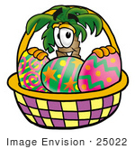 #25022 Clip Art Graphic Of A Tropical Palm Tree Cartoon Character In An Easter Basket Full Of Decorated Easter Eggs