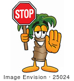 #25024 Clip Art Graphic Of A Tropical Palm Tree Cartoon Character Holding A Stop Sign
