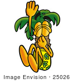 #25026 Clip Art Graphic Of A Tropical Palm Tree Cartoon Character Plugging His Nose While Jumping Into Water