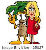 #25027 Clip Art Graphic Of A Tropical Palm Tree Cartoon Character Talking To A Pretty Blond Woman