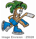 #25028 Clip Art Graphic Of A Tropical Palm Tree Cartoon Character Playing Ice Hockey