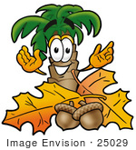 #25029 Clip Art Graphic Of A Tropical Palm Tree Cartoon Character With Autumn Leaves And Acorns In The Fall