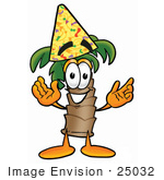 #25032 Clip Art Graphic Of A Tropical Palm Tree Cartoon Character Wearing A Birthday Party Hat