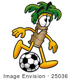 #25036 Clip Art Graphic Of A Tropical Palm Tree Cartoon Character Kicking A Soccer Ball