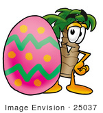 #25037 Clip Art Graphic Of A Tropical Palm Tree Cartoon Character Standing Beside An Easter Egg