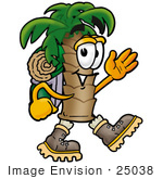 #25038 Clip Art Graphic Of A Tropical Palm Tree Cartoon Character Hiking And Carrying A Backpack