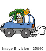 #25040 Clip Art Graphic Of A Tropical Palm Tree Cartoon Character Driving A Blue Car And Waving